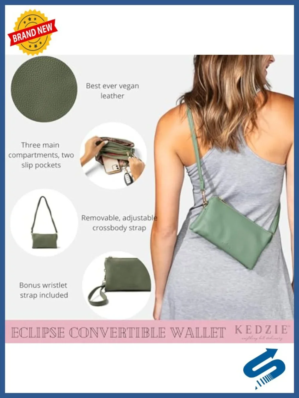Vegan Leather Convertible Crossbody Purse with Wristlet, 3 Compartments, Card